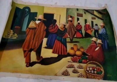 Painting On Canvas Mexican Market Signed Lopez Approx. 23" X 15" - Image 1 of 4