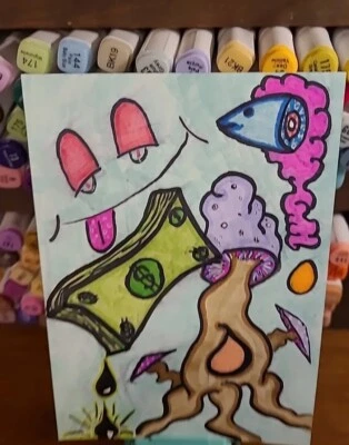 New Original Low Brow Painting Mushrooms Money Psychedelic DMT FISHHEAD - Image 1 of 4