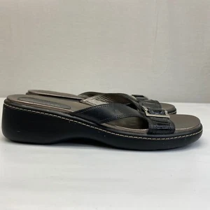 Rockport Womens Sandals Size 9.5 M Leather Black Slip On Open Toe Buckle Heel 2" - Picture 1 of 7