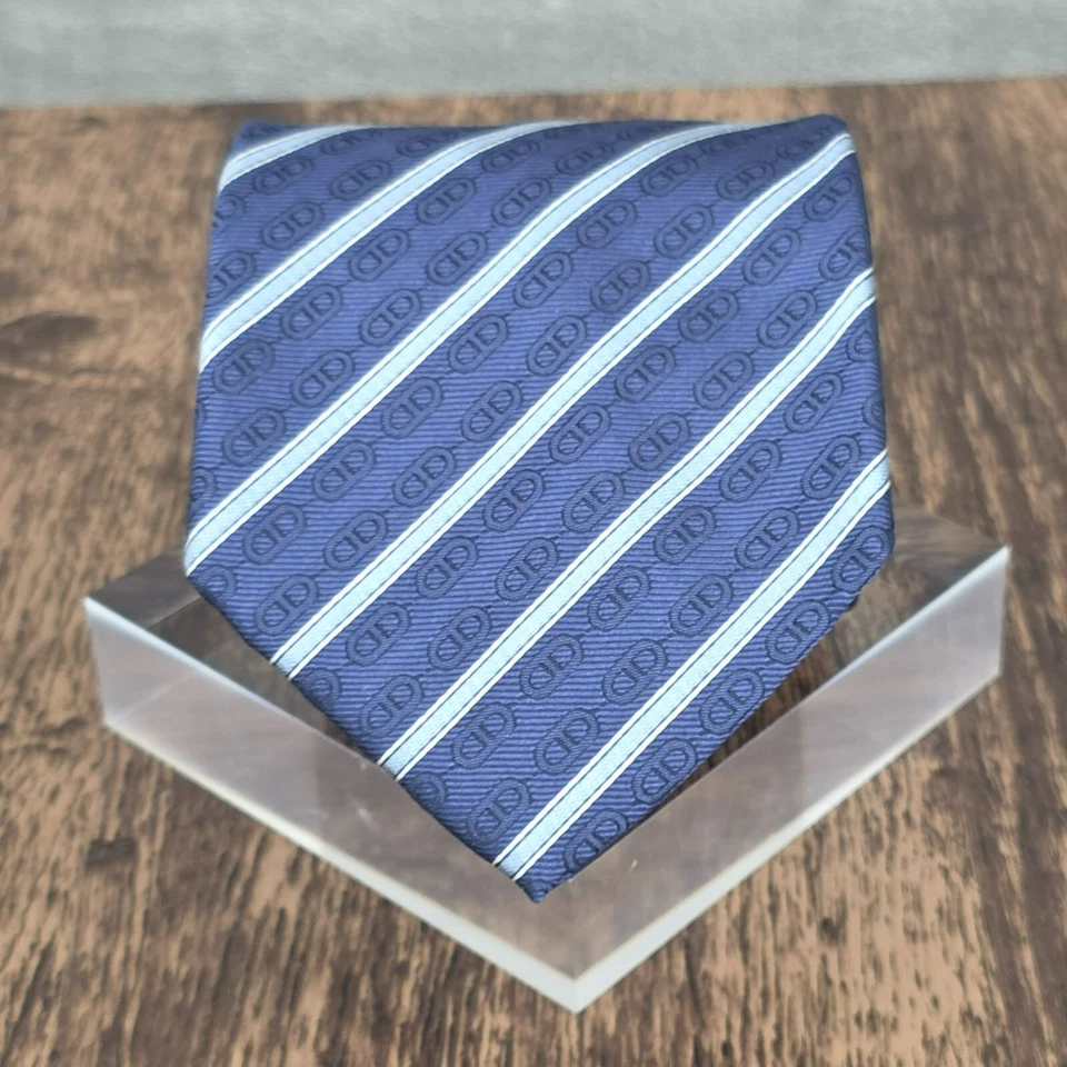 Celine Neck Tie 100% Silk Blue Striped Chain Designer Italian Quality Corpcore - Image 1 of 4