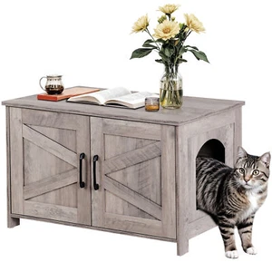 Cat Litter Box Enclosure Cat House Litter Box Furniture Hidden with Barn Door - Picture 1 of 24