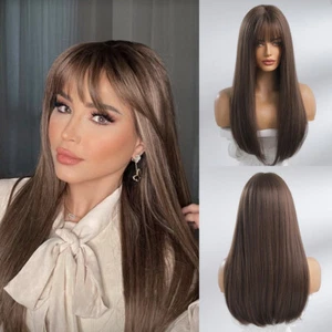 Heat Resistant Hair Choc Brown Long Straight Dress Up Wigs With Fringe - Picture 1 of 8