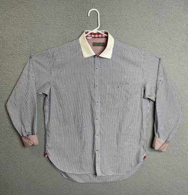 Camisa de algodón tallada con botones para hombre XL azul rojo a rayas puños cuello recortado Foto 1 de 4