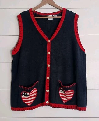 De Colección Americana Corazón 18/20 Tejido Chaleco Botón Frontal Patriótico Suéter Chaleco Casa de Campo  Foto 1 de 4