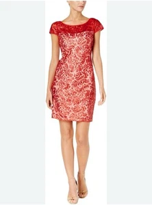 Calvin Klein rot Pailletten Spitze Cocktail Party Etui Kleid Flügelärmel Größe 6 - Bild 1 von 11