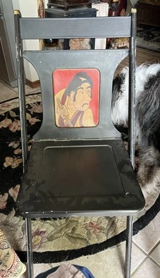 1924 MAPLE CITY STAMPING FOLDING METAL CHAIR WITH JAPANESE SAMURAI IMAGE ON BACK - Image 1 of 4