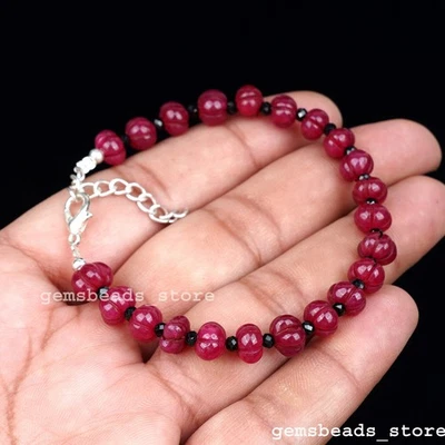 Bracciale in argento sterling 925 con zucca di giada rosa + spinello nero... - Immagine 1 di 4