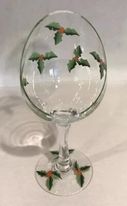 Victradco Tall Hand Painted Holly and Ivy Glass Goblet Candy Dish - Picture 1 of 11