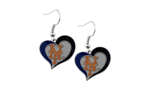 New York Mets Baseball Team Logo MLB Heart Swirl Charm Dangle Earrings Set Cover