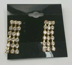 Sparkling Gold Tone Rhinestone Trio Dangle Pierced Earrings 1" Long Prom - Picture 1 of 5