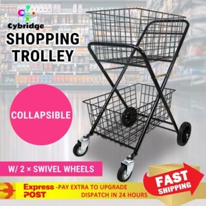 Shopping Trolley Double Basket Swivel Wheel Collapsible Shop Cart 2 Tier Tennis - Picture 1 of 9