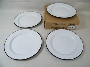 (4) CROW CANYON V99BLA 8" ENAMELWARE PLATE WHITE BLACK EDGE - Picture 1 of 12