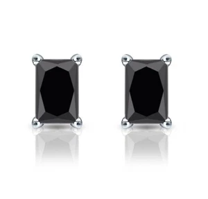0.70Ct Emerald Cut Onyx Simulated Tiny Stud Earrings 14k White Gold Plated - Picture 1 of 4