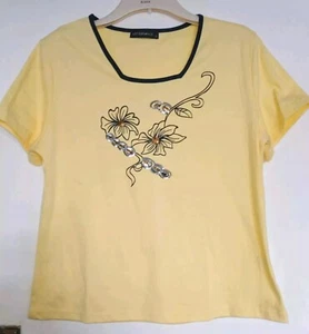 SIZE XL(23" PIT TO PIT)YELLOW/ BLACK FLORAL + SEQUENCE FRONT, SHORT SLEEVED TOP - Picture 1 of 12