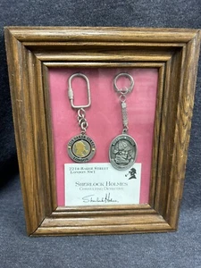 Framed Rare Vintage KEY RING Set SHERLOCK HOLMES Business Card KEY FOBS - Picture 1 of 8