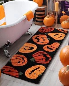 Fall Halloween Bathroom Rugs Runner Pumpkins Long Bath Mat Autumn Harvest - Picture 1 of 6
