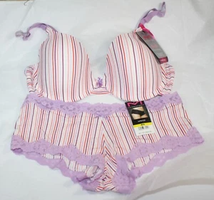 NEW MAIDENFORM t-shirt BRA 7959 AND HIPSTER 40837 SET WHITE LILAC STRIPES - Picture 1 of 7