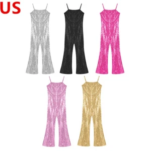 Kids Girls Movie Character Pretend Bodysuit Sequins Bell Bottoms Jumpsuit - Picture 1 of 57