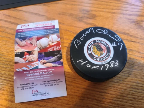 Bobby Hull Signed Blackhawks Logo Hockey Puck Inscribed "HOF 1983" (JSA COA) Cover
