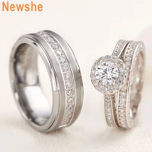 Newshe Couple Ring Sets Wedding Ring Sets His and Her Women Silver Men Tungsten - Picture 1 of 9