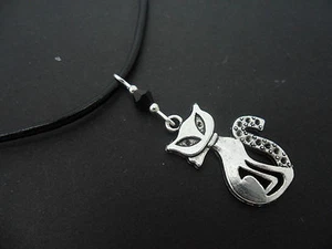 A LADIES BLACK LEATHER CORD 13 - 14" CHOKER WITH CAT CHARM NECKLACE . - Picture 1 of 1