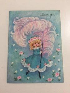 Unused Vtg Thank You Card Pretty Blonde Girl with Giant Feather Glitter 1960s - Picture 1 of 10