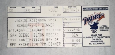 Jackie Robinson YMCA Scholarship Dinner San Diego Padres Hilton Ticket Stub 1998 - Image 1 of 2