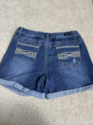Earl Jean Shorts WomenCuffed Stretch Blue Denim Embroidered Back Pocket Size 8 - Image 1 of 4