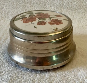 Vintage Powder Music Box Pink Tinted Aluminum Plays Blue Danube WORKS - Picture 1 of 5