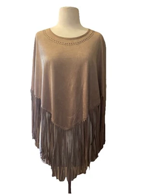 NWT Pink Cattlelac CAPE Fringe Poncho Tan  Suede One Size - Image 1 of 4