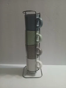 4er Set stapelbare Espressotassen mit Aufbewahrungsregal, hellgrau, weiß, grau, Meeresschaum - Bild 1 von 7