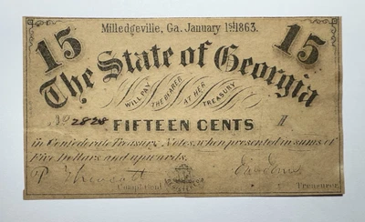 1863 15 Cent The State Of Georgia Milledgeville Cr-17 - Image 1 of 2