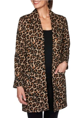 Ruby Rd Womens Plus Leopard Animal Print Knit Long Open Duster Stretch Jacket 1X - Image 1 of 4