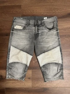 True Religion Geno Distressed Cut-Off Denim Moto Shorts Relaxed Slim Size 36 - Picture 1 of 13