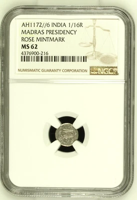 PRESIDENCIA DE MADRAS-FANTÁSTICA RUPIA HISTÓRICA ALAMGIR II 1/16, AH 1172(6), NGC MS62 Foto 1 de 3
