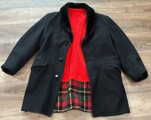 Men's Size XL? Vintage Black Winter Coat Wool? Faux Fur Collar plaid blanket Red - Picture 1 of 14