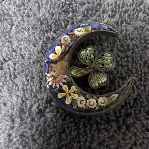 Antique Victorian Micro Mosaic Clover Leaf Crescent Moon Brooch - Picture 1 of 13
