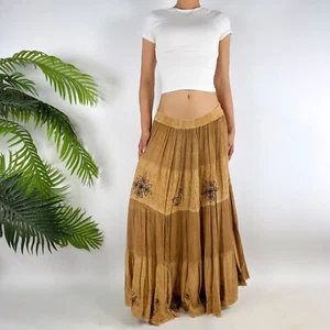 Vintage 90s Tan Embroidered Boho Fairy Grunge Hippie Maxi Skirt & Top / Small - Picture 1 of 9