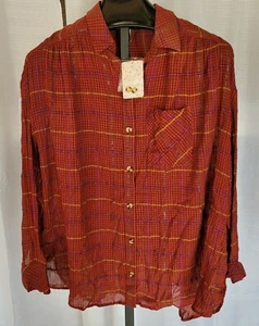 Free People Tunika-Bluse rot Sherry Kombi kariert Knopfleiste Größe M neu mit Etikett - Bild 1 von 6