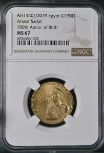 EGIPTO, ORO 1 LIBRA 2019 PRESIDENTE SADAT NACIMIENTO CENTENARIO. - NGC MS 67, RARO3 - Imagen 1 de 2
