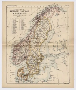 1888 ORIGINAL ANTIQUE MAP OF SCANDINAVIA SWEDEN NORWAY DENMARK BALTIC SEA - Picture 1 of 3
