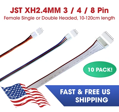 JST-XH 2.54mm 3/4/8 Pin Female Wire Cable Connector Set, Length 20-120cm, Lot - Image 1 of 4