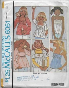 McCall's Sewing Pattern 6051 Girls' TOPS Empire Waist Back Tie Zipper Boho 14 - Picture 1 of 2