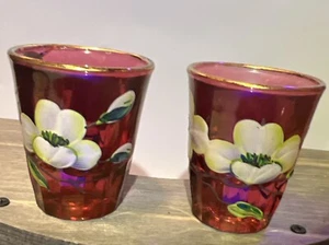 Vintage Cranberry Glass Toothpick Holder Shot Glass, Set Painted Flower Design - Picture 1 of 9