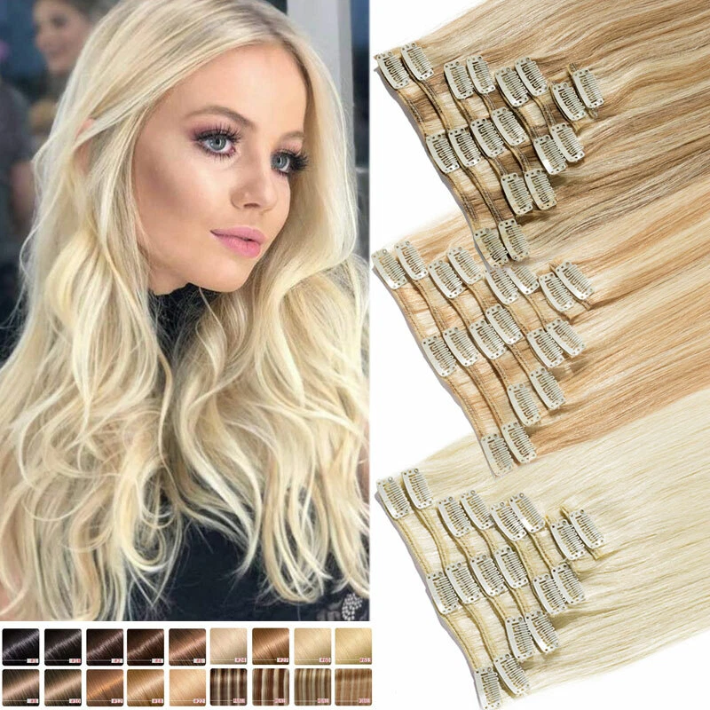 CLEARANCE 100% Human Hair Seamless Clip in Remy Hair Extensions Full Head Blonde - Image 1 of 4