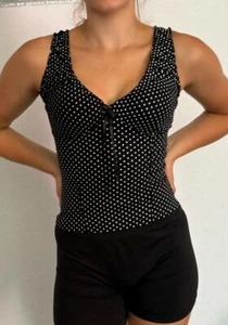 Sexy Miss Women V Neck Girly Dots Top Ruffle Lace Straps Bow XS/S - Picture 1 of 9