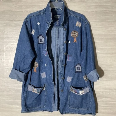 Chaqueta vaquera azul vintage Willow Ridge para mujer apliques bordado retazos 1X Foto 1 de 4