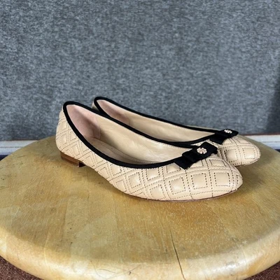 Zapatos planos de ballet Tory Burch Minnie para mujer talla 7,5 M beige negro de cuero Foto 1 de 4