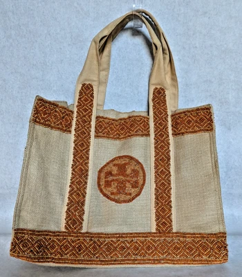 Bolsa tote Tory Burch tecido com miçangas natural/laranja - Imagem 1 de 4
