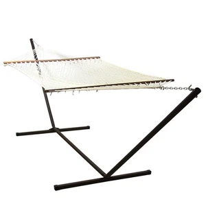 2-Person Polyester/Cotton Rope hammock with Steel Stand - Natural by Sunnydaze - Picture 1 of 8